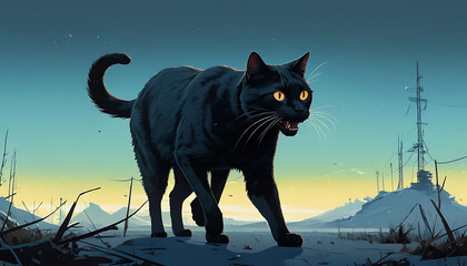 fierce cartoon black cat in the night wild