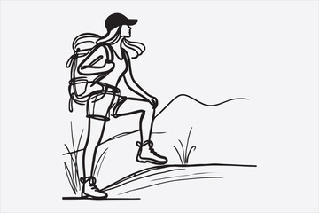 A single line drawing of a woman hiking