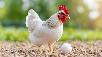 Fototapeta premium White rooster standing near a freshly laid egg in a garden.