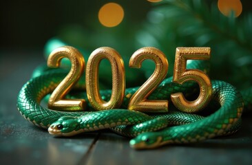 The text in gold numbers 2025 on the symbol of the lunar new year is emerald snakes. Christmas card