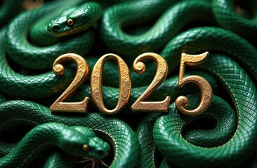 The text in gold numbers 2025 on the symbol of the lunar new year is emerald snakes. Christmas card