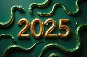 The text in gold numbers 2025 on the symbol of the lunar new year is emerald snakes. Christmas card
