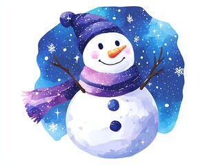 A cheerful snowman wearing a colorful hat and scarf, surrounded by a starry winter backdrop. A whimsical representation of winter joy perfect for seasonal themes.