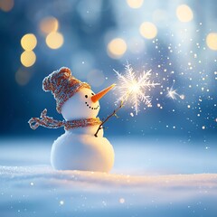 A cheerful snowman wearing a cozy hat and scarf holds a sparkler, surrounded by a snowy landscape and dazzling lights, capturing the festive spirit of winter celebrations.