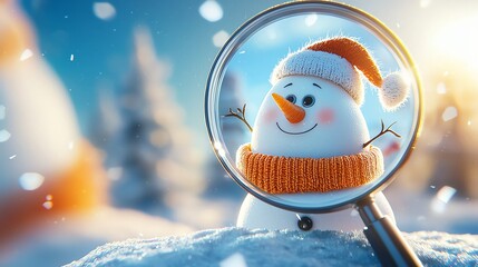 A cheerful snowman wearing a festive hat and scarf, viewed through a magnifying glass on a snowy landscape, capturing the essence of winter joy.