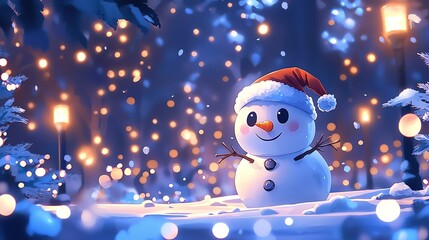 A cheerful snowman wearing a red hat and scarf stands amidst softly falling snow and glowing lights, creating a magical winter scene filled with holiday spirit.