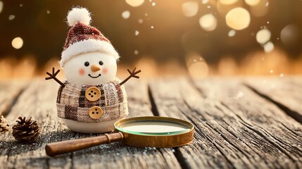 A cheerful snowman with a festive hat sits on a wooden table, accompanied by a magnifying glass and pine cones, against a warm bokeh background, capturing the essence of winter.