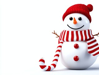 A cheerful snowman wearing a red hat and a striped scarf, set against a white isolated background, perfect for holiday decorations and winter-themed designs.