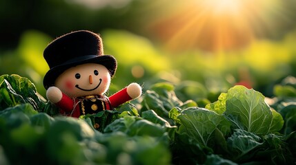 A cheerful toy scarecrow smiles amidst vibrant green leaves in a sunlit garden, symbolizing joy and nature's bounty.
