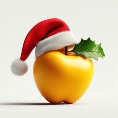 A cheerful yellow apple wearing a festive red Santa hat and a sprig of holly. The image is set against a crisp white background, evoking a joyful holiday spirit.