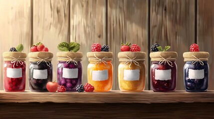 A collection of colorful fruit jams in glass jars displayed on a rustic wooden shelf. Each jar is labeled and adorned with berries, showcasing a delicious variety of flavors.