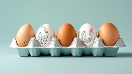 A collection of beautifully designed eggs in a carton, showcasing various natural patterns and colors against a soft green background.