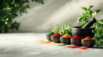 A collection of colorful spices arranged in bowls with fresh herbs, set against a soft, neutral background that highlights the vibrant colors and textures.