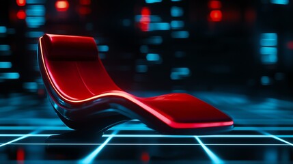 A contemporary red lounge chair displayed against a futuristic blue grid background, emphasizing modern design and comfort.