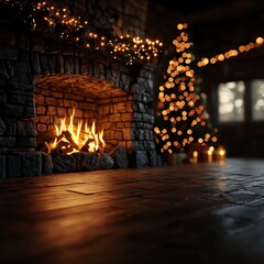 A cozy Christmas setting featuring a beautifully decorated tree, warm fireplace with glowing flames, and softly lit candles, creating a festive and inviting atmosphere.