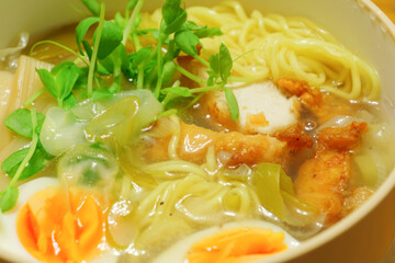Warm and tasty ramen noodles, with egg, bamboo shoots and chicken cutlet.