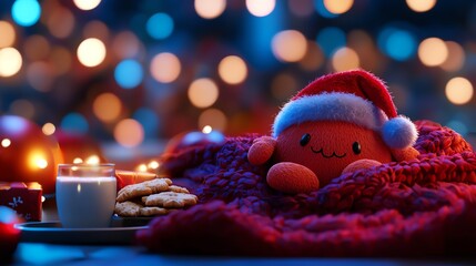 A cozy festive scene featuring a cute plush octopus wearing a Santa hat, surrounded by cookies and a cup of drink, set against a backdrop of beautiful holiday lights.