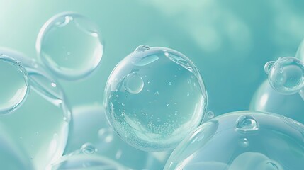 3d rendering of a transparent liquid bubble containing molecules floating on a light blue water background, perfect for skincare and cosmetic essence concepts