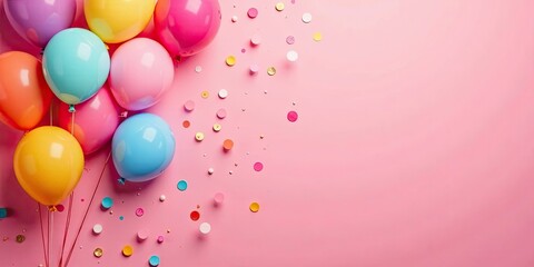 A festive arrangement of colorful balloons and confetti on a pink background, perfect for celebrations and joyous occasions