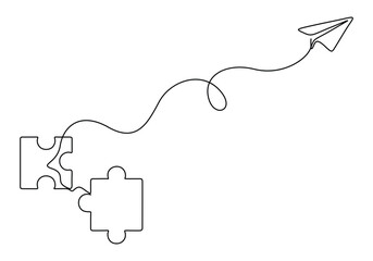 Paper plane flying up connected with puzzle pieces jigsaw in one line drawing. Problem solving and solution business metaphor idea concept. Vector illustration