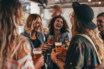 Group of young people having fun and drinking beer at a pub.