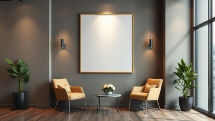 A mockup of modern office wall art displaying a sleek and minimalist design, adding a touch of sophistication to the environment, corporate, workplace, design