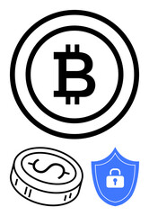Bitcoin and dollar coin near blue security shield with lock. Ideal for cryptocurrency, security, online transactions, fintech, blockchain, investments, financial planning. Line metaphor