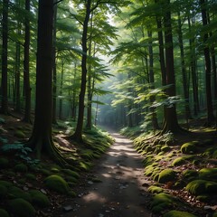 Obraz premium Sunlit Path Through an Enchanting Green Forest