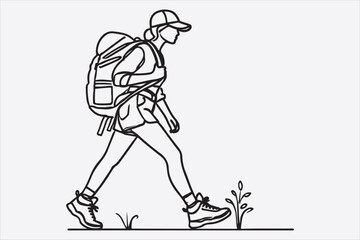 A single line drawing of a woman hiking