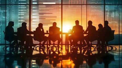 Business team meeting with digital data charts and graphs on a glass board, a group of business people sitting at a table in a conference room illuminated by sunlight, a silhouette-style stock photo