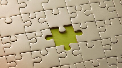 Fototapeta premium Close-Up of Pale Blue Jigsaw Puzzle with Missing Bright Yellow Piece at Center, Featuring Scattered Pattern on Light Gray Background for a Clean, Modern Aesthetic