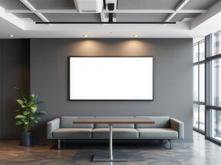 A mockup of an office wall art displaying branding elements in a modern environment, environment, office, workspace