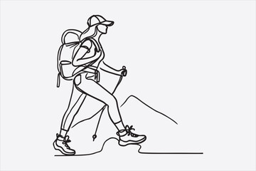 A single line drawing of a woman hiking