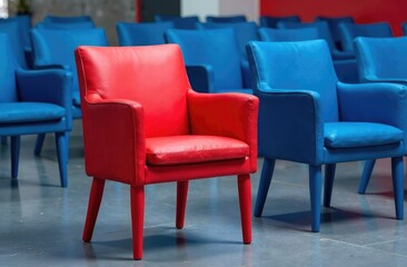 Obraz premium Red chair standing out from the crowd of blue chairs, unique concept for business