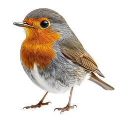 Front view close-up of an extremely perfect looking single European Robin bird isolated on a white transparent background © CrazeePixelINC