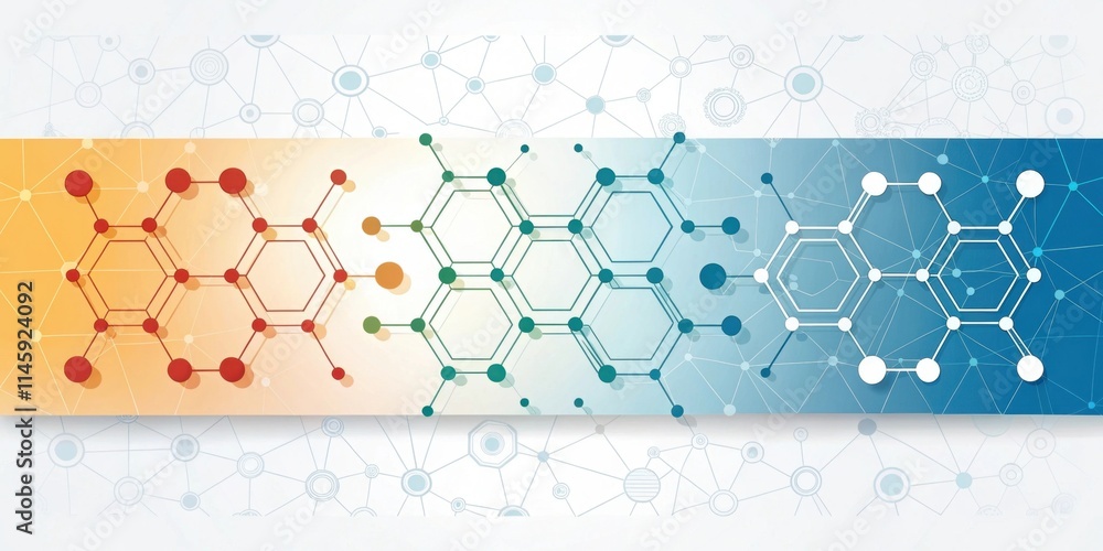 Poster a colorful abstract graphic featuring interconnected molecular structures, showcasing a gradient fro