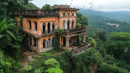 Obraz premium A haunted hillside mansion in Brazil overlooking a jungle valley, with vines creeping up its walls and bats flying past its broken roof