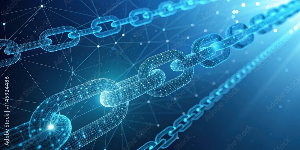 Poster a futuristic digital chain links, representing blockchain technology and data connectivity in a vibr