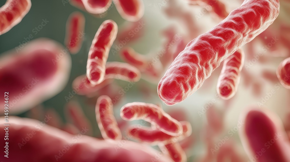 Poster bacteria in digestive system concept, close-up view of bacteria metabolizing nutrients under microsc