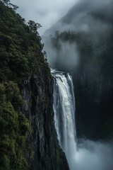 Powerful Cascading Waterfall Over Dark Rocky Cliffs