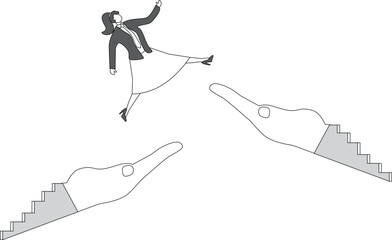 Support and help, huge hands help businesswomen to continuously climb online