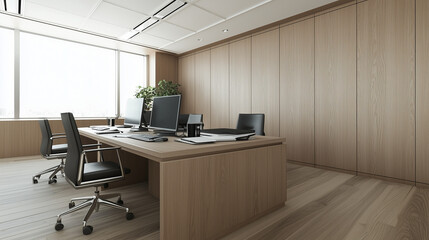 Modern Office Interior:  A sleek and minimalist office space with wooden paneling and large windows, featuring a long desk with black leather chairs. The room is bathed in natural light.