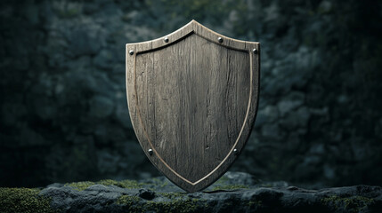 Fototapeta premium Ancient Wooden Shield: A weathered wooden shield rests on mossy ground, its worn surface and sturdy construction hinting at a history of battles and protection.