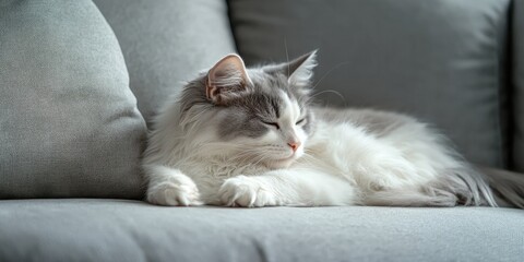 Tranquil domestic cat, fluffy in white and grey, enjoys a peaceful moment while lounging comfortably on the sofa. This calm cat brings a sense of serenity to any cozy interior space.