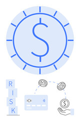 Stacked risk blocks, large dollar sign coin, card transaction, coins to hand. Ideal for finance, investment, banking, e-commerce risk management economic growth savings. Line metaphor