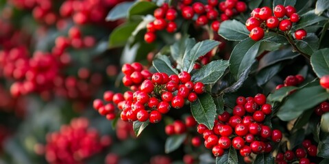 Obraz premium Vibrant red clusters of juicy pyracantha berries adorn the evergreen shrub during autumn, creating a stunning display of pyracantha coccinea that captivates the eye with its lush foliage.