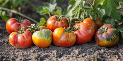 Heart of tomatoes resting on the ground, showcasing their vibrant colors and fresh appearance, emphasizing the natural beauty of these tomatoes in a rustic setting.