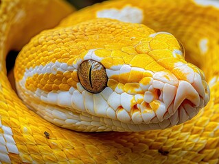  Close-up of a yellow and white snake's head with its eye open.