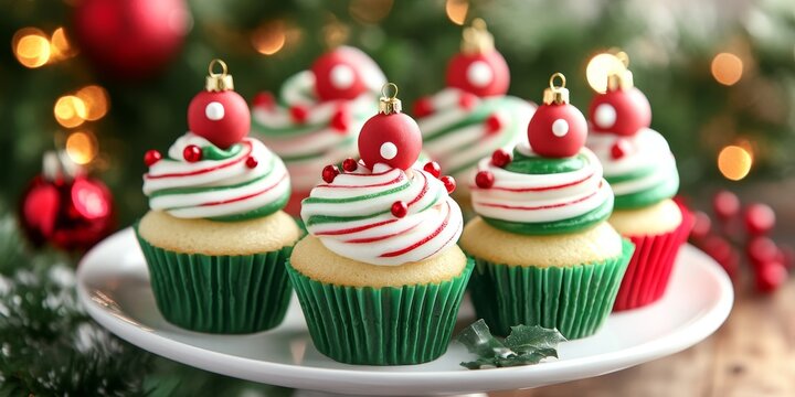 Festive mini dessert cupcakes designed for Christmas celebrations feature traditional red and green decorations. These funny Christmas cupcakes are perfect for a holiday party, showcasing homemade