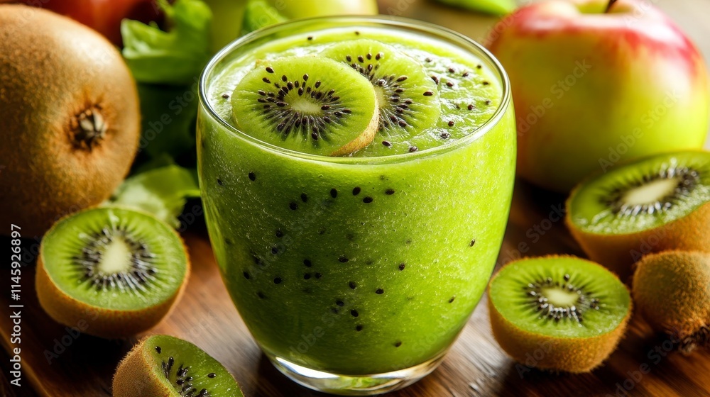 Poster a vibrant kiwi and green apple smoothie is presented with an array of fresh fruits, showcasing the d